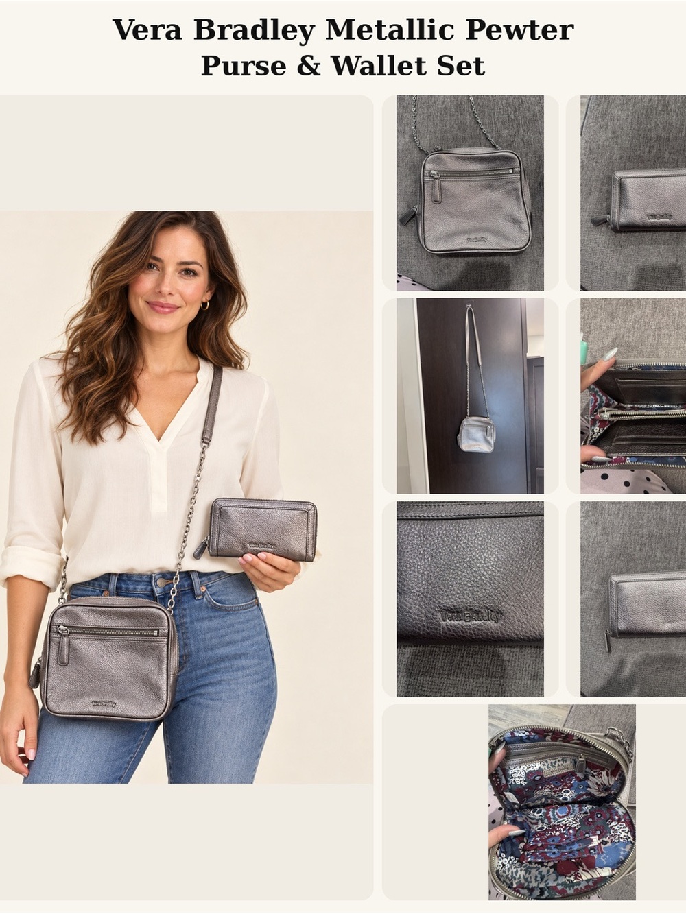 Vera Bradley Metallic Pewter Crossbody and Wallet Set